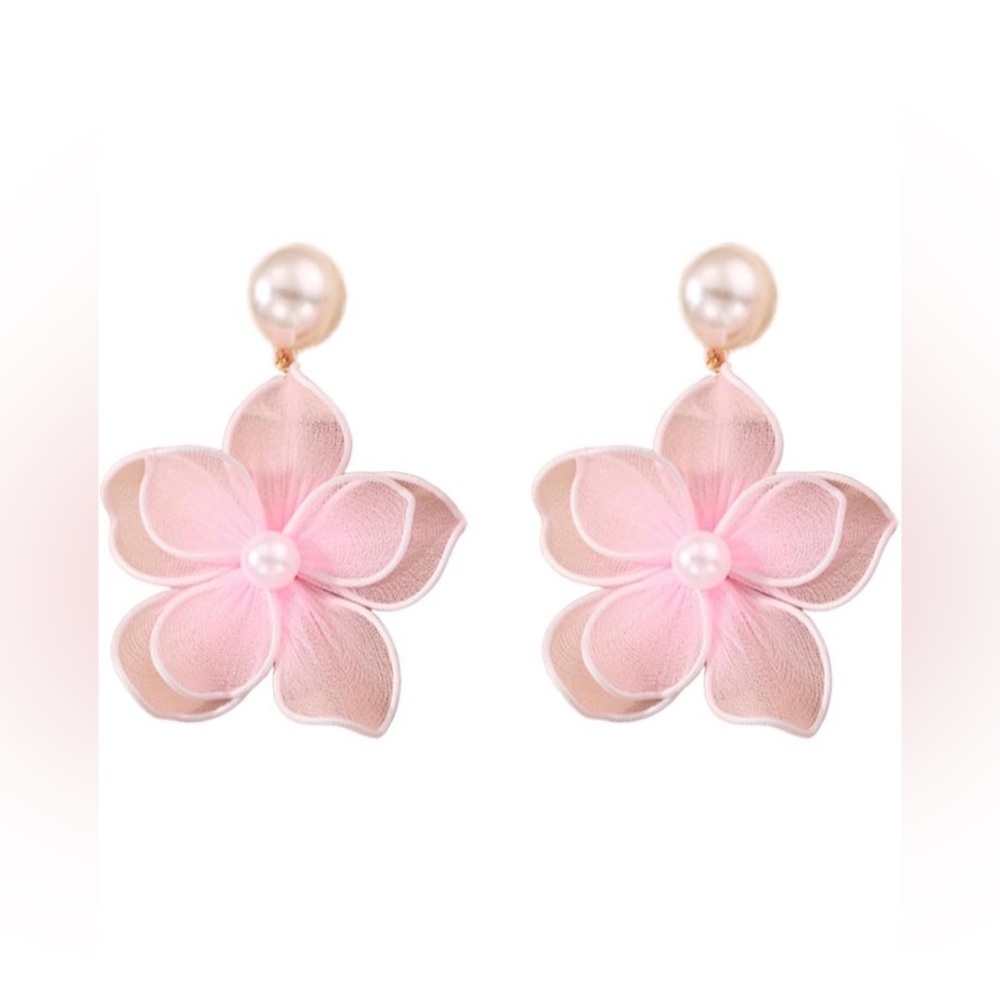 Pink Flower Pearl Drop Earrings